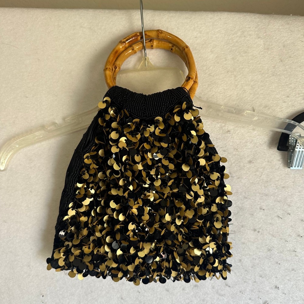 Bagtique Evening Bag Black Gold Sequins Bamboo Ring Handle Satin Beaded Clutch
